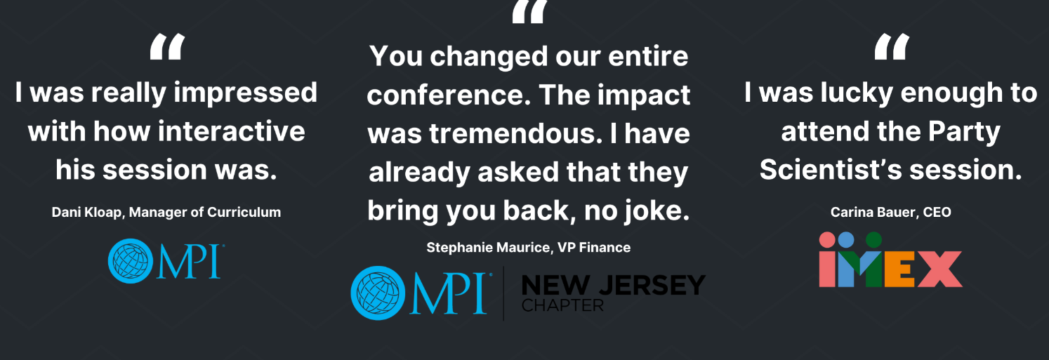 Testimonial screenshot with quotes from MPI, MPI New Jersey Chapter and IMEX