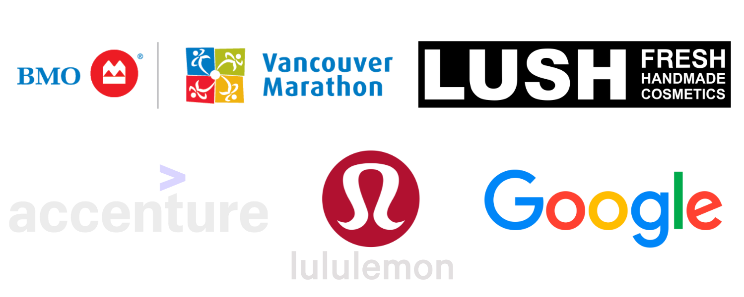 Client logos including BMO, Vancouver Marathon, LUSH, Accenture, lululemon and Google