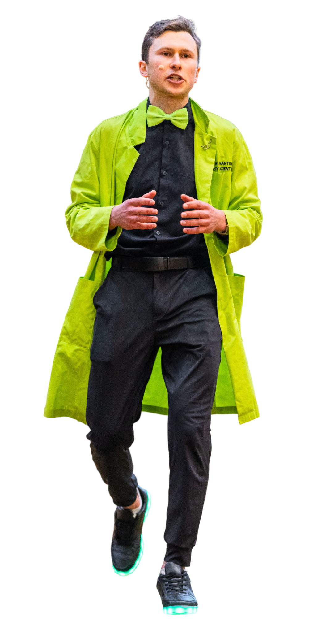 Jacques W. Martiquet on stage in his neon green lab coat
