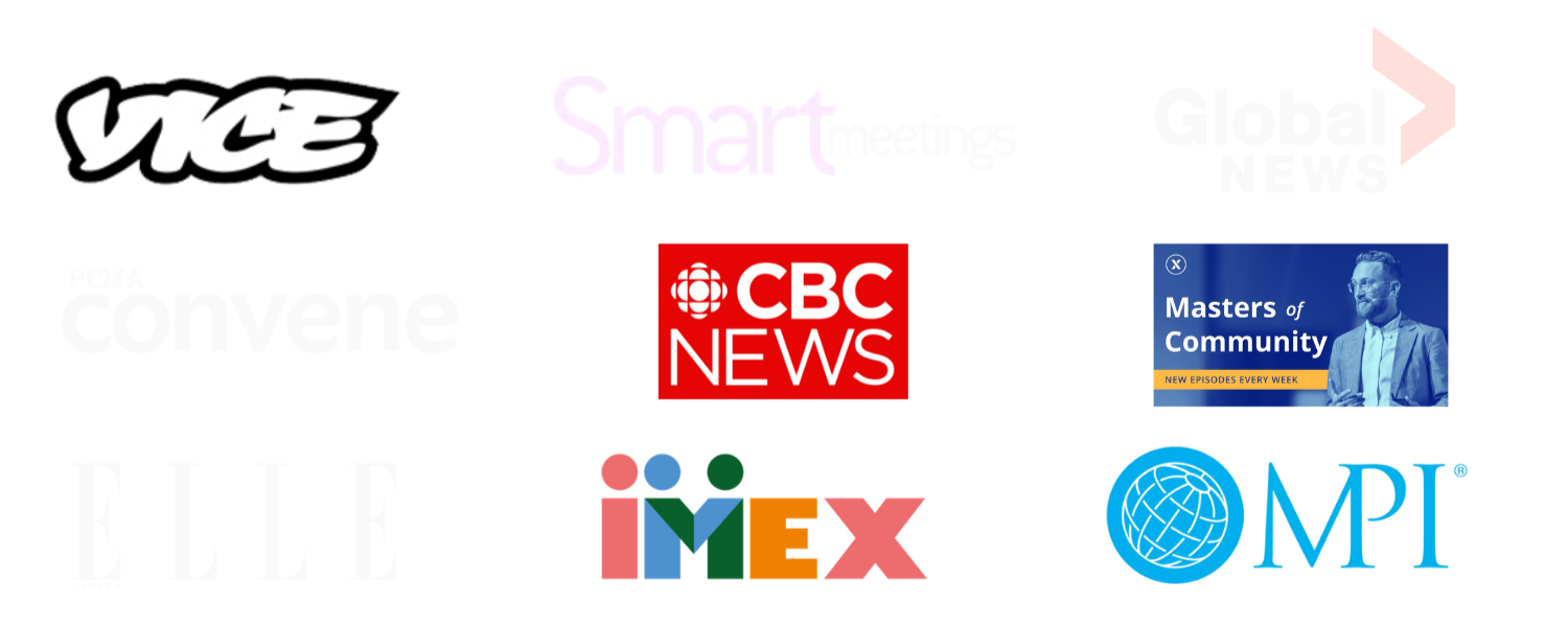 Press logos including VICE, Smart Meetings, Global News, PCMA Convene, CBC News, ELLE, IMEX and MPI